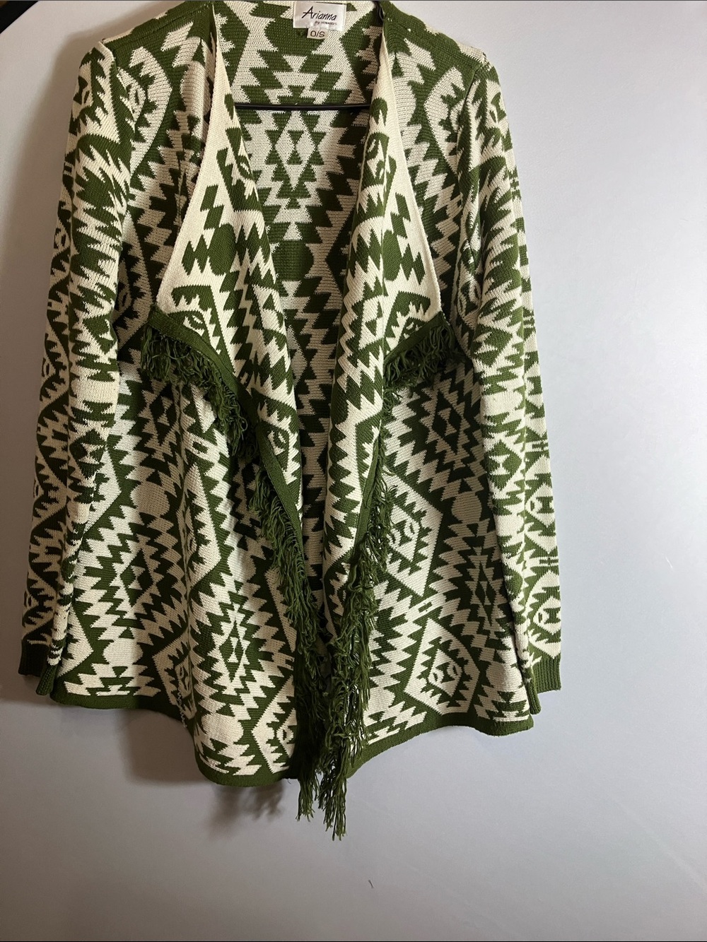 Arianna Olive & Cream Aztec Fringe Open Cardigan
